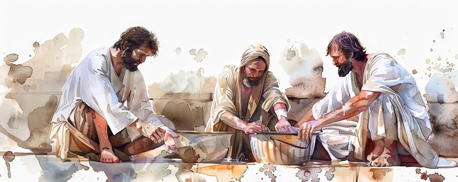 Maundy Thursday Devotion: A Watercolor Depiction of the Washing of the Feet Inspired by the New Testament. - Powered by Adobe