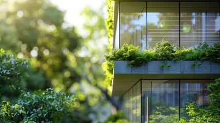 Sustainable glass office building, Eco-friendly building, with tree for reducing carbon dioxide. Green environment. Eco-friendly, Oxygen.