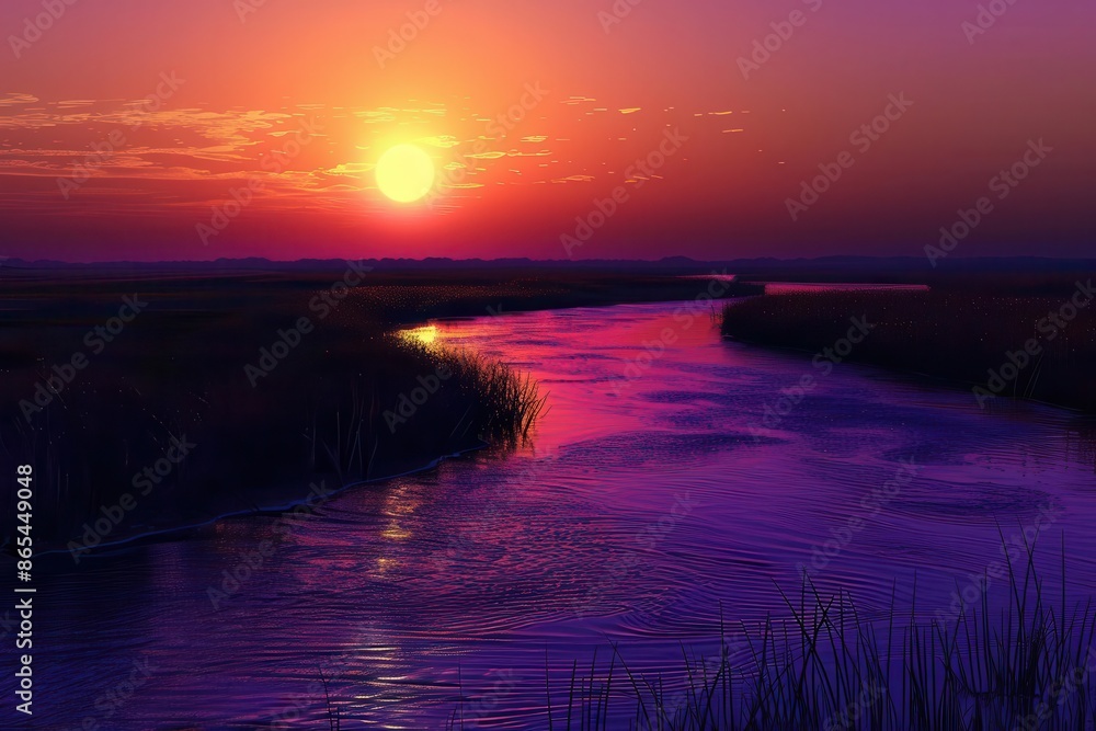 Wall mural aigenerated river sunset hyperrealistic digital rendering of a breathtaking sunset over a winding ri