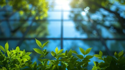Sustainable glass office building, Eco-friendly building, with tree for reducing carbon dioxide. Green environment. Eco-friendly, Oxygen.