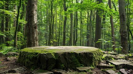 Obraz premium Moss-covered tree stump in lush green forest with sunlight