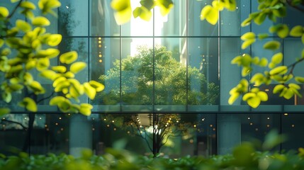 Sustainable glass office building, Eco-friendly building, with tree for reducing carbon dioxide. Green environment. Eco-friendly, Oxygen.