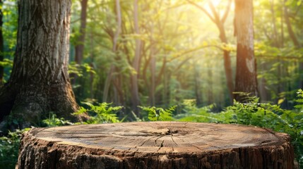 Obraz premium Sunlit forest with a tree stump surrounded by greenery in morning light.