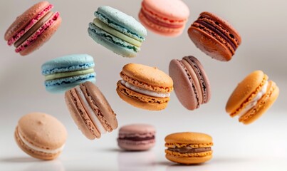 Obraz premium An assortment of colorful macarons flying in mid-air with a white background