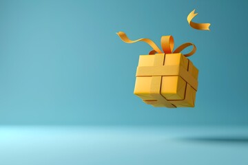 A yellow box with a ribbon on top of a blue background. The box is floating in the air, giving the impression of a gift being opened
