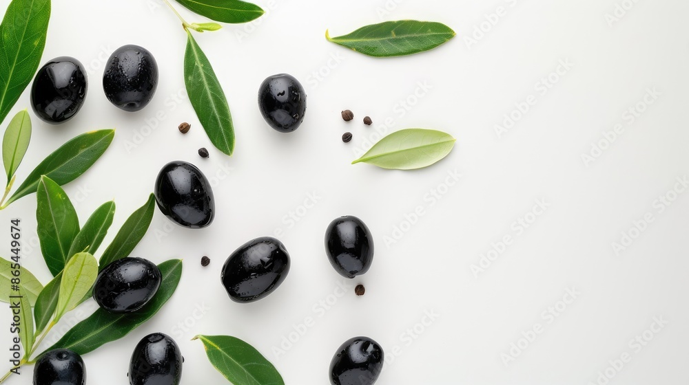Poster isolated black olives with leaves on white background top view with space for text
