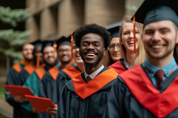 Fototapeta premium Group of Multiracial Graduates Celebrating with Smiles and Diplomas in Colorful Gowns