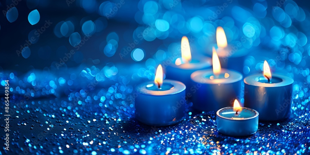 Poster a blue background with candles on it. the candles are lit and are arranged in a row