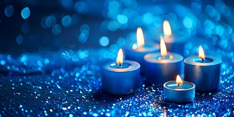 A blue background with candles on it. The candles are lit and are arranged in a row