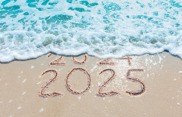 Message Year 2024 replaced by 2025 text written on beach sand background. Good bye 2024 hello to...