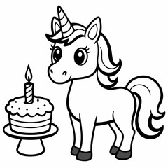 A unicorn stands near a birthday cake with a candle beside it