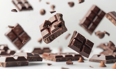 Different types of chocolate pieces and bars floating in mid-air with a white background