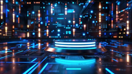 Futuristic digital platform with glowing lights and circuits design