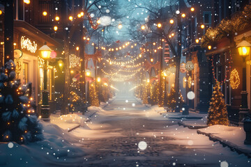 Snowy street with festive decorations
