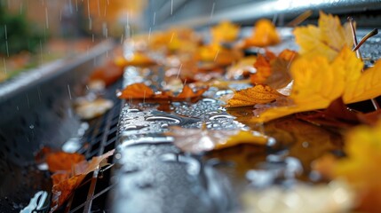 Metal downspout and storm grate representing seasonal change