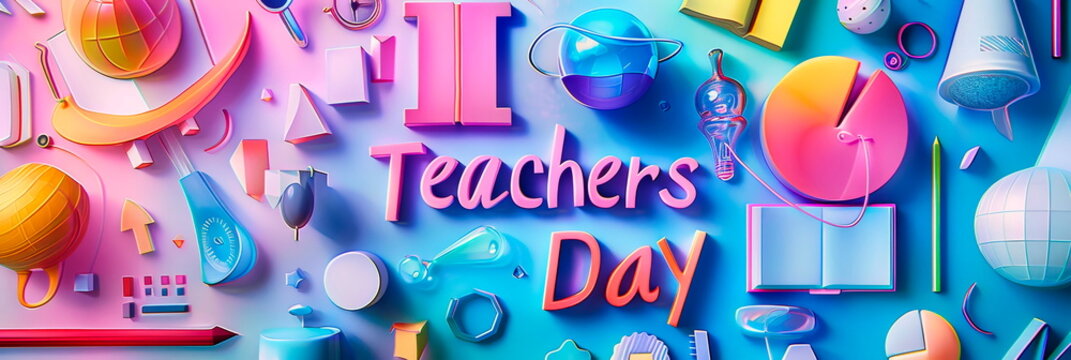 A festive banner arranged Teachers Day representing various subjects like math, science, literature,