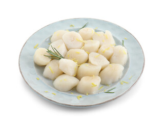 Raw scallops with lemon zest and rosemary isolated on white