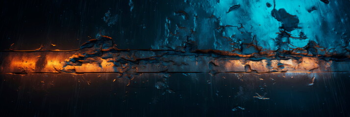 weathered steel surface with scratches, rust, and oil stains, reflecting a neon blue light. Gritty and textured.