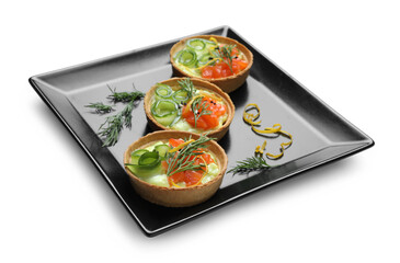 Delicious canapes with salmon isolated on white