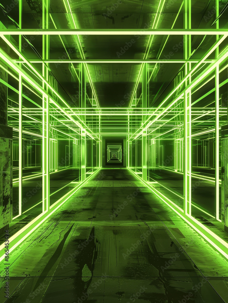 Poster a vibrant geometric tunnel lit with green neon lights, creating an infinite corridor effect that con