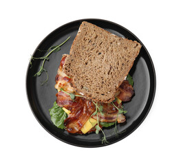 Tasty sandwich with bacon and microgreens isolated on white, top view