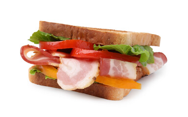 Tasty sandwich with bacon and tomato isolated on white