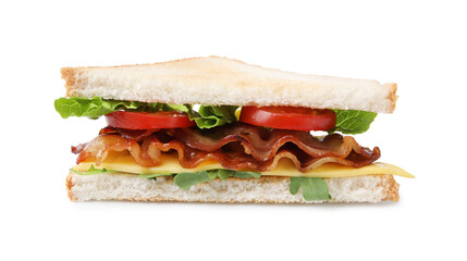 Delicious sandwich with fried bacon isolated on white