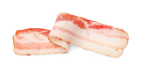 Slice of raw bacon isolated on white, top view