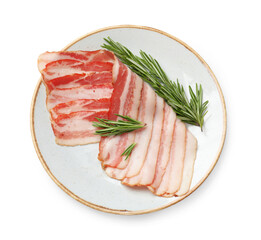 Slices of raw bacon and rosemary isolated on white, top view