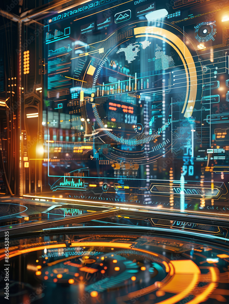 Poster a futuristic digital interface displaying complex data and graphics, showcasing modern technology an