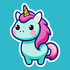 A cute unicorn with a pink mane and tail against a blue background