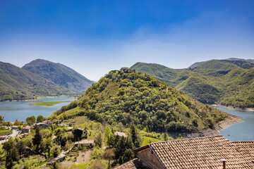 A view of Lake Turano, from the village of Castel di Tora, Rieti, Lazio, Italy. Mount Antuni, with...
