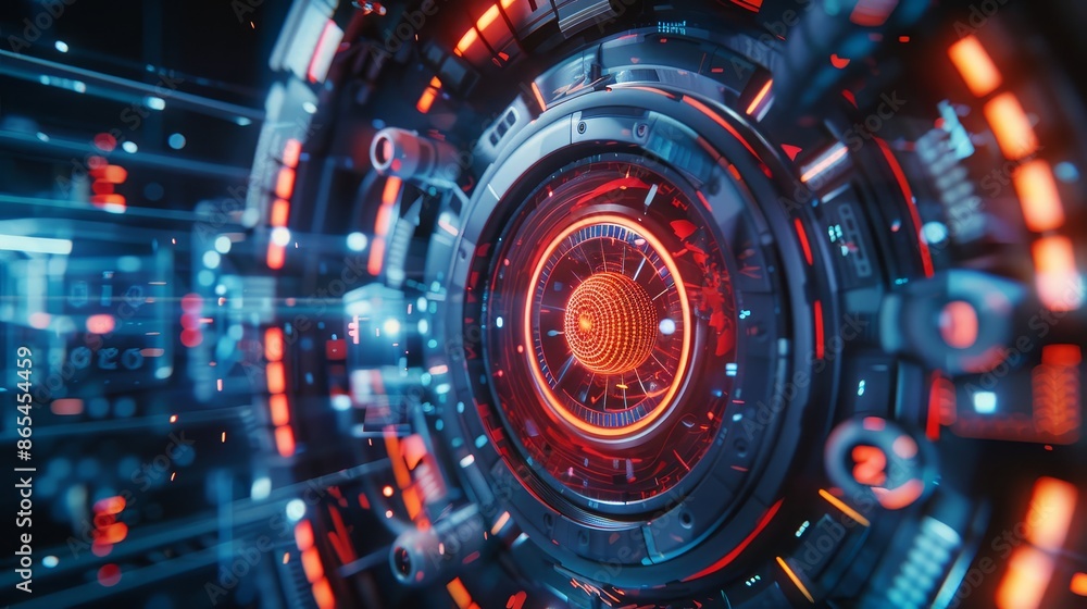 Poster a captivating image featuring a highly detailed futuristic red energy core surrounded by intricate d