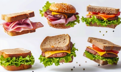 A selection of sandwiches with different fillings like ham, cheese, and lettuce flying in mid-air with a white background