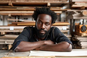 African American craftsman in thoughtful planning, Young African American male, beard, casual wear, rests on workbench, serious expression, wood shelves in background signify skilled trade.