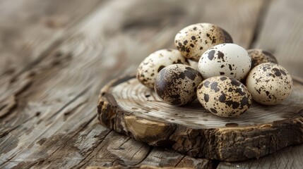 Obraz premium A collection of speckled quail eggs rests on a wooden board, set against a rustic wooden background, evoking a natural and organic ambiance perfect for culinary or farm-themed visuals.