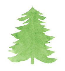 A green Christmas tree. Watercolor illustration of the New Year's, Christmas tree symbol isolated on a white background, hand-drawn. Decorative festive element for decoration, decoration, design