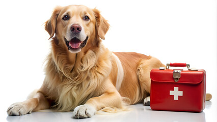 Golden Retriever with First Aid Emergency Pet Care Kit in Red Cross Bag