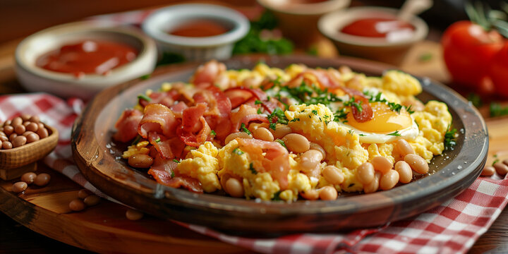 ham eggs beans breakfast plate