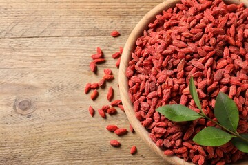 Dried goji berries and leaves in bowl on wooden table, top view. Space for text