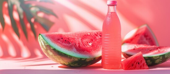 Close-up image of a watermelon juice bottle positioned on a fresh watermelon with a light pink backdrop, ideal for refreshing in summer and advertising.