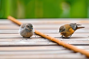 Two Small Birds on Wooden Surface