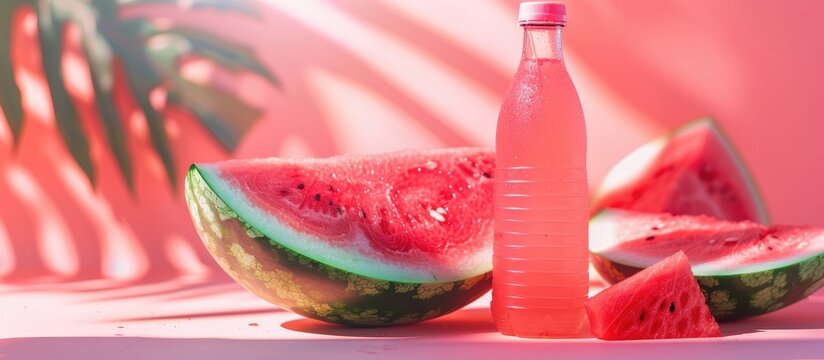 Close-up image of a watermelon juice bottle positioned on a fresh watermelon with a light pink backdrop, ideal for refreshing in summer and advertising.