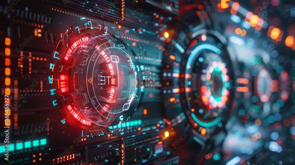 Poster a high-tech interface featuring circular digital display lights in red and blue, symbolizing modern 