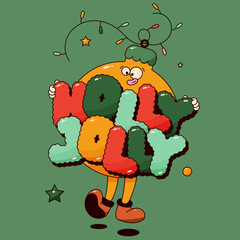 Christmas groovy psychedelic ball with Holly Jolly letters garland and funny face.