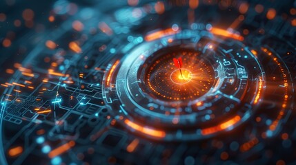A glowing circular pattern combining blue and orange elements, representing high-tech and futuristic design, evoking a sense of modernity and advanced digital technology.