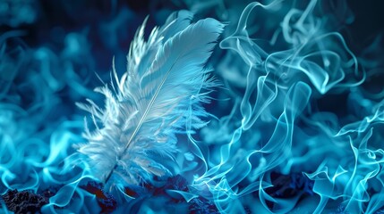 Obraz premium A serene white feather is enveloped in a swirling mass of blue smoke, creating a captivating visual that highlights contrast between tranquility and chaos.