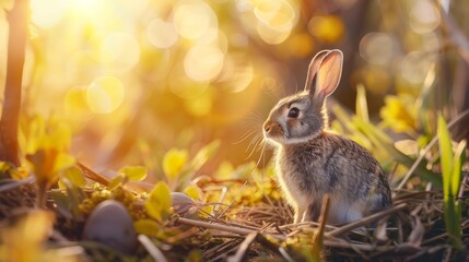 Fototapeta premium A serene scene featuring a rabbit sitting among yellow flowers in a sunlit garden, capturing the essence of spring and the beauty of nature.