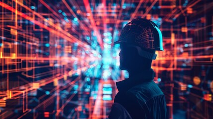 A silhouette of a person wearing a hard hat is immersed within a dynamic and colorful digital network, representing technological advancement and future possibilities.