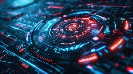 A striking high-tech control panel featuring circular and radial digital graphics, illustrating an advanced, modern, and technological interface for futuristic designs.
